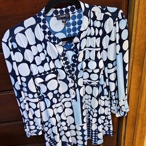 Cocomo Blue and White Graphic Blouse with 3/4 Sleeves
